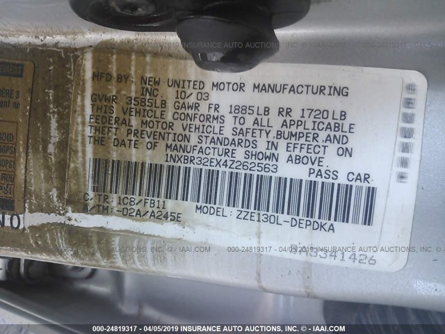 1NXBR32EX4Z262563 - 2004 TOYOTA COROLLA CE/LE/S SILVER photo 9