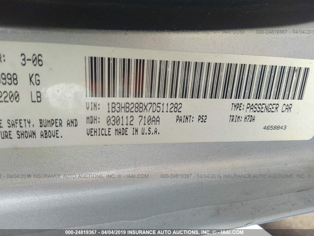 1B3HB28BX7D511282 - 2007 DODGE CALIBER SILVER photo 9