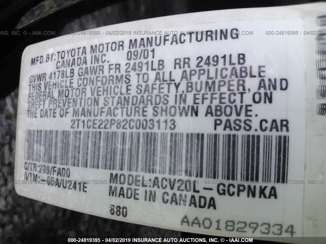 2T1CE22P82C003113 - 2002 TOYOTA CAMRY SOLARA SE BLACK photo 9