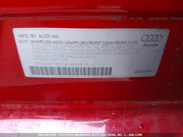 WAUAF78E38A004574 - 2008 AUDI A4 2.0T RED photo 9