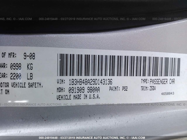 1B3HB48A29D143136 - 2009 DODGE CALIBER SXT SILVER photo 9