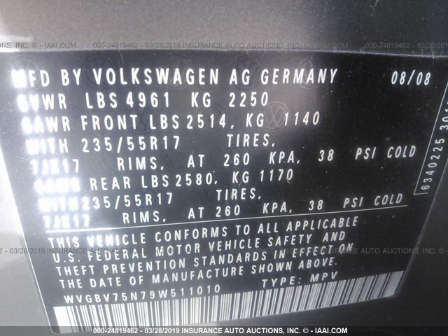 WVGBV75N79W511010 - 2009 VOLKSWAGEN TIGUAN SE/SEL GRAY photo 9