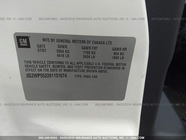 2G2WP552281131674 - 2008 PONTIAC GRAND PRIX WHITE photo 9