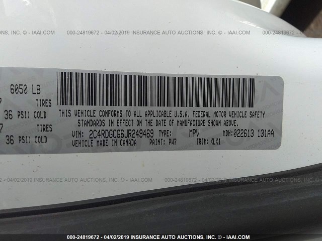 2C4RDGCG6JR249469 - 2018 DODGE GRAND CARAVAN SXT WHITE photo 9