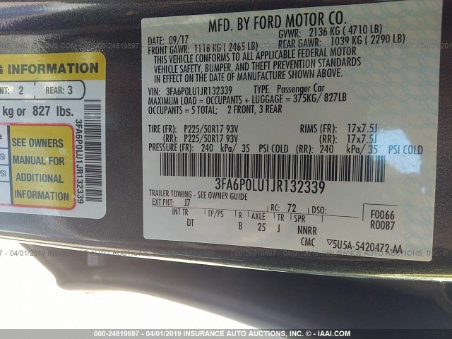 3FA6P0LU1JR132339 - 2018 FORD FUSION SE HYBRID GRAY photo 9