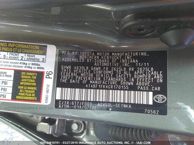 4T4BF1FK4CR170155 - 2012 TOYOTA CAMRY SE/LE/XLE GRAY photo 9