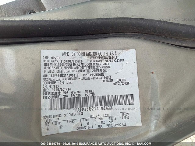 1FAFP55U21A196412 - 2001 FORD TAURUS SES GRAY photo 9