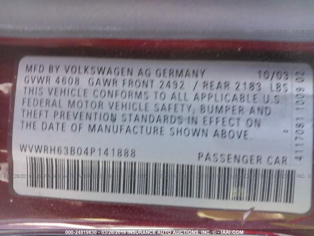 WVWRH63B04P141888 - 2004 VOLKSWAGEN PASSAT GLX 勃艮第红 照片 9