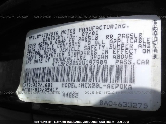 4T1BF28B52U197909 - 2002 TOYOTA AVALON XL/XLS BLACK photo 9