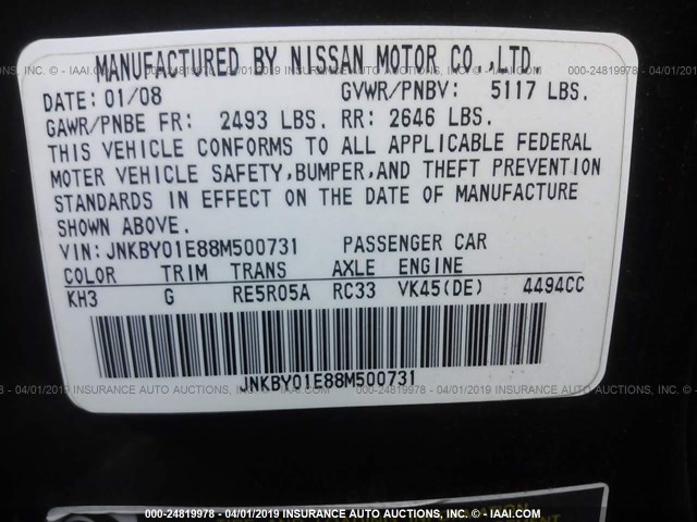 JNKBY01E88M500731 - 2008 INFINITI M45 SPORT BLACK photo 9