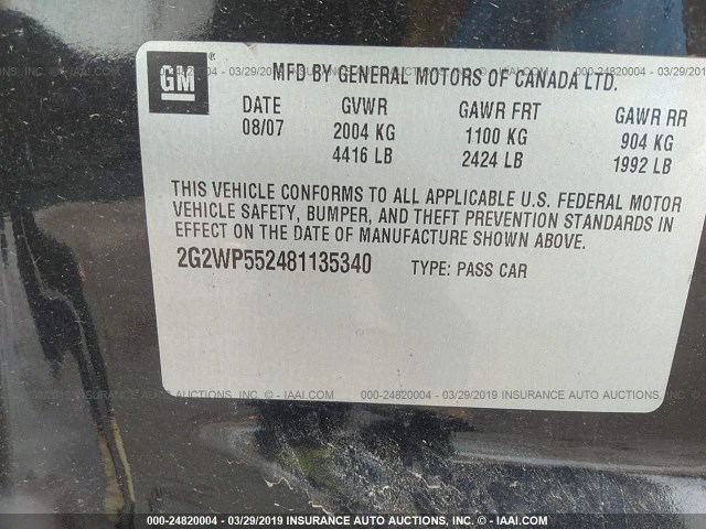 2G2WP552481135340 - 2008 PONTIAC GRAND PRIX BLACK photo 9