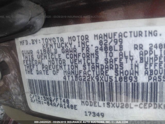 4T1BG22K9XU510893 - 1999 TOYOTA CAMRY CE/LE/XLE 栗色 照片 9