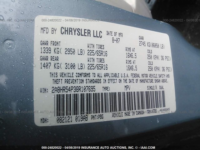 2A8HR54P38R107695 - 2008 CHRYSLER TOWN & COUNTRY TOURING BLUE photo 9