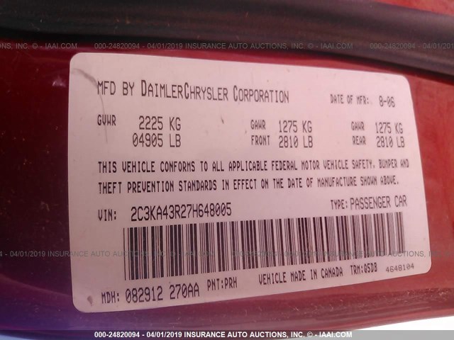 2C3KA43R27H648005 - 2007 CHRYSLER 300 RED photo 9