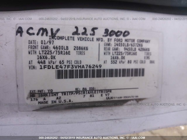 1FDLE47F3VHA76249 - 1997 FORD ECONOLINE E450 SUPER DUTY CMM CTWAY WHITE photo 9