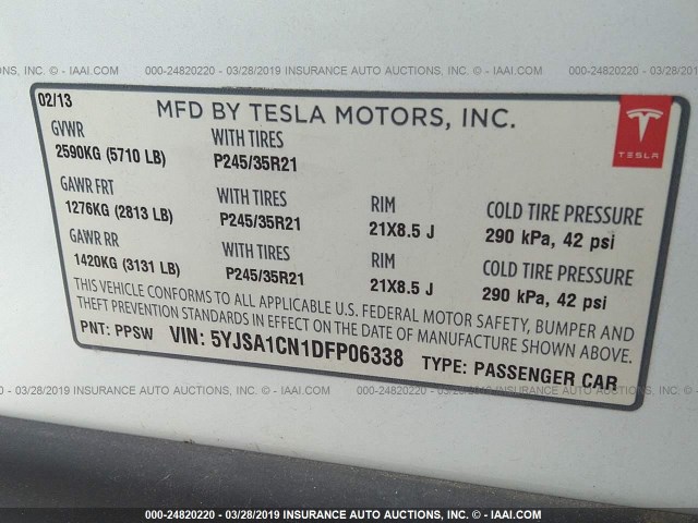 5YJSA1CN1DFP06338 - 2013 TESLA MODEL S WHITE photo 9