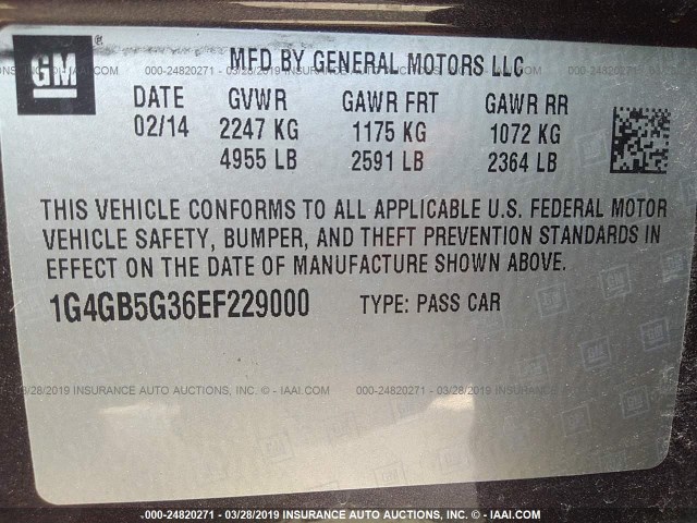 1G4GB5G36EF229000 - 2014 BUICK LACROSSE BURGUNDY photo 9