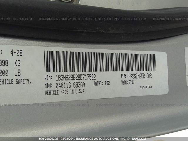 1B3HB28B28D717522 - 2008 DODGE CALIBER GRAY photo 9