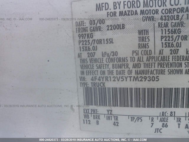 4F4YR12V5YTM29305 - 2000 MAZDA B3000 WHITE photo 9