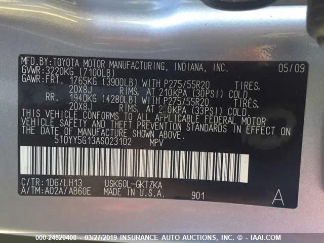 5TDYY5G13AS023102 - 2010 TOYOTA SEQUOIA SILVER photo 9