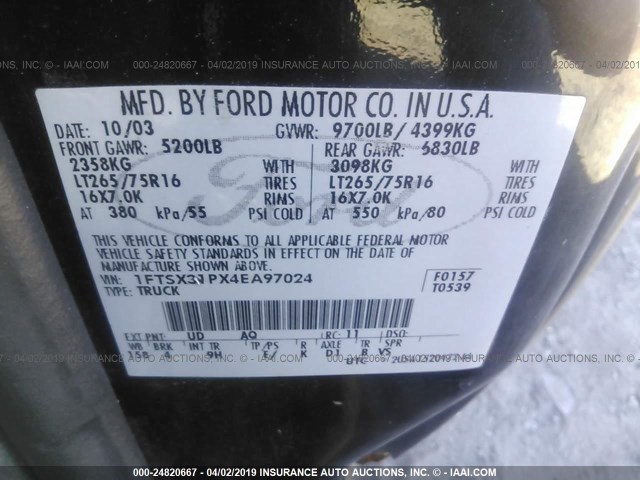 1FTSX31PX4EA97024 - 2004 FORD F350 SRW SUPER DUTY BLACK photo 9