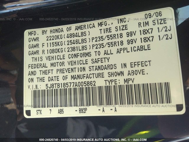 5J8TB18577A005862 - 2007 ACURA RDX TECHNOLOGY BLACK photo 9