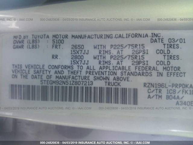 5TEGM92N51Z807213 - 2001 TOYOTA TACOMA DOUBLE CAB PRERUNNER SILVER photo 9