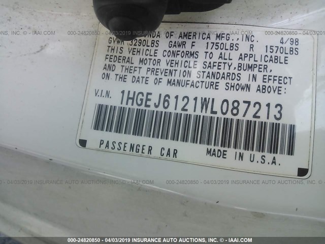 1HGEJ6121WL087213 - 1998 HONDA CIVIC DX WHITE photo 9