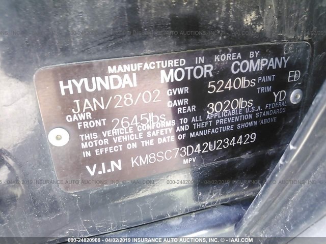 KM8SC73D42U234429 - 2002 HYUNDAI SANTA FE GLS/LX BLACK photo 9