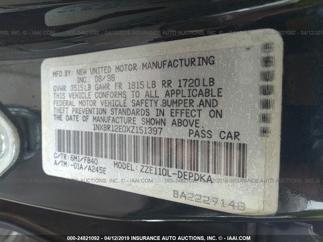 1NXBR12E0XZ151397 - 1999 TOYOTA COROLLA VE/CE/LE GREEN photo 9