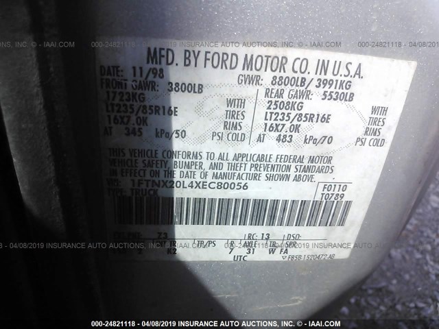 1FTNX20L4XEC80056 - 1999 FORD F250 SUPER DUTY GRAY photo 9