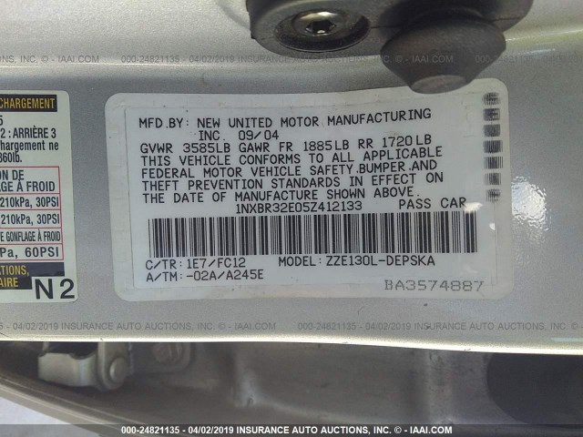 1NXBR32E05Z412133 - 2005 TOYOTA COROLLA CE/LE/S SILVER photo 9