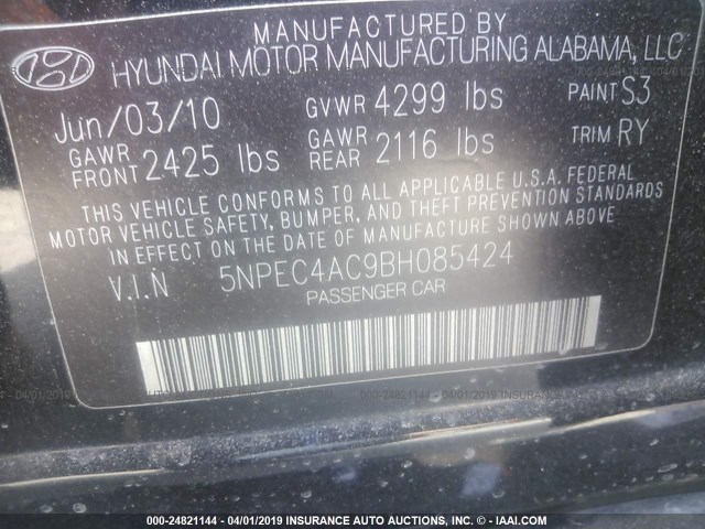 5NPEC4AC9BH085424 - 2011 HYUNDAI SONATA SE/LIMITED BLACK photo 9