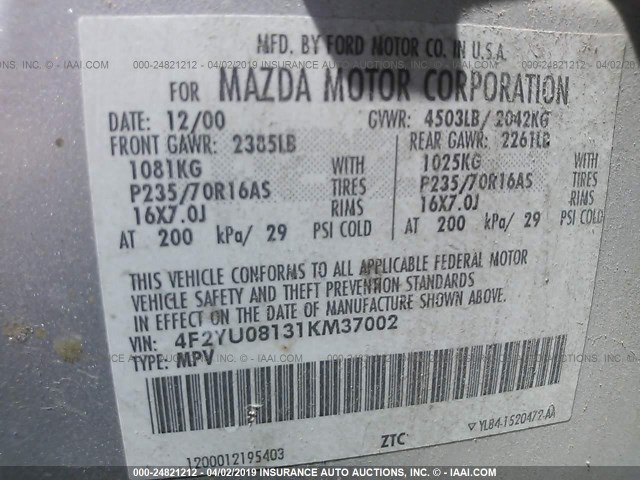 4F2YU08131KM37002 - 2001 MAZDA TRIBUTE LX/ES GRAY photo 9