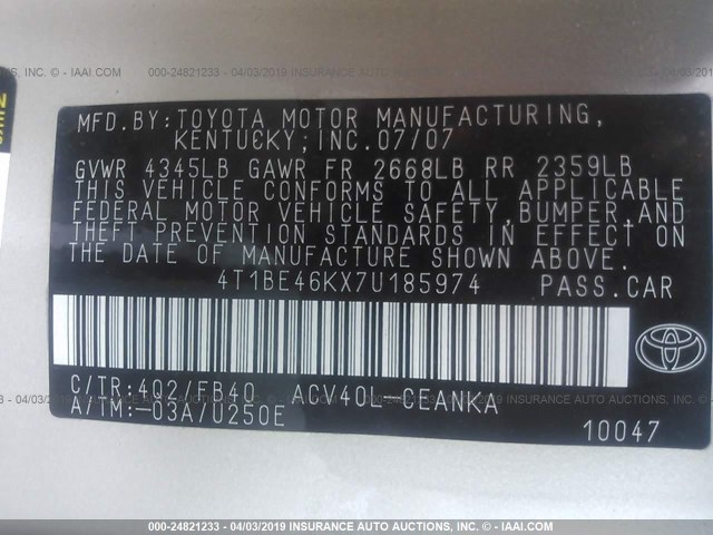 4T1BE46KX7U185974 - 2007 TOYOTA CAMRY NEW GENERAT CE/LE/XLE/SE GOLD photo 9