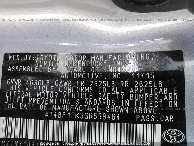 4T4BF1FK3GR539464 - 2016 TOYOTA CAMRY LE/XLE/SE/XSE 银色 照片 9
