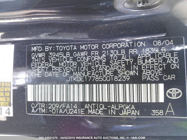 JTKDE177850018239 - 2005 TOYOTA SCION TC BLACK photo 9