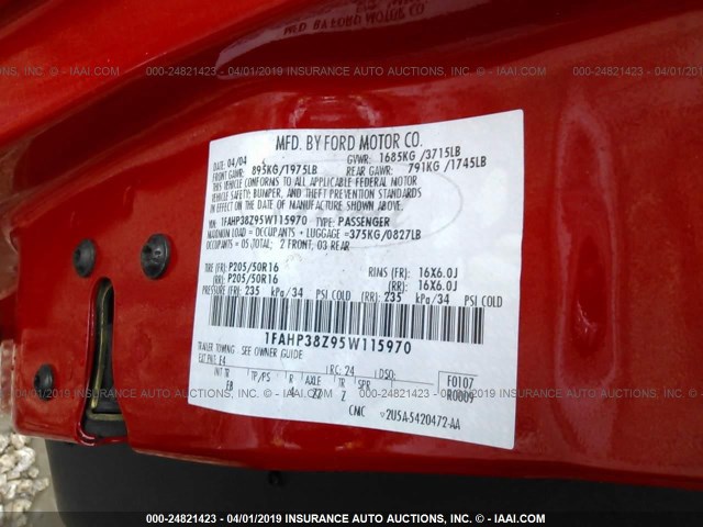 1FAHP38Z95W115970 - 2005 FORD FOCUS ZX4 ST RED photo 9