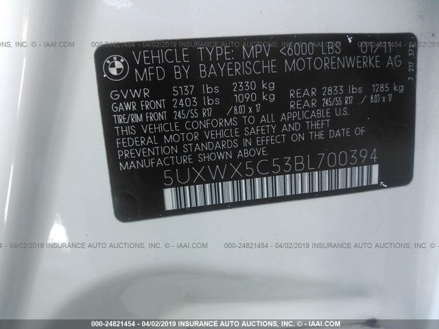 5UXWX5C53BL700394 - 2011 BMW X3 XDRIVE28I WHITE photo 9