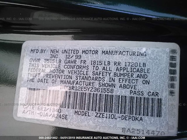 1NXBR12E5YZ361558 - 2000 TOYOTA COROLLA VE/CE/LE GREEN photo 9