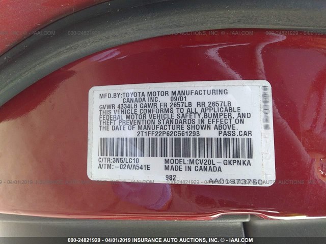 2T1FF22P62C561293 - 2002 TOYOTA CAMRY SOLARA SE/SLE RED photo 9