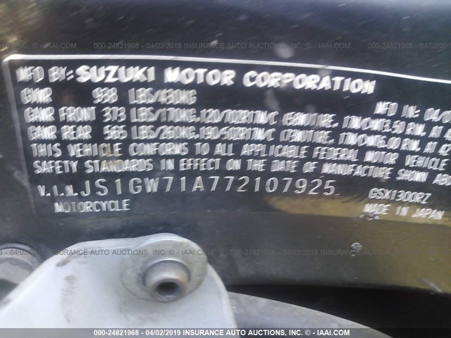 JS1GW71A772107925 - 2007 SUZUKI GSX1300 RZ BLACK photo 10