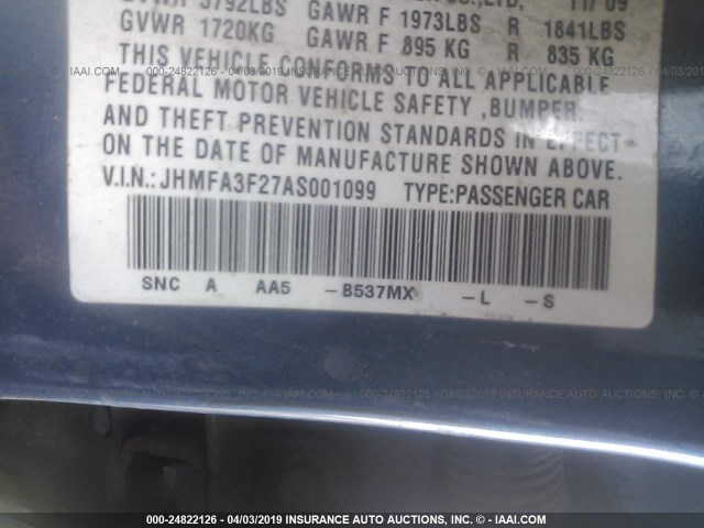 JHMFA3F27AS001099 - 2010 HONDA CIVIC HYBRID BLUE photo 9