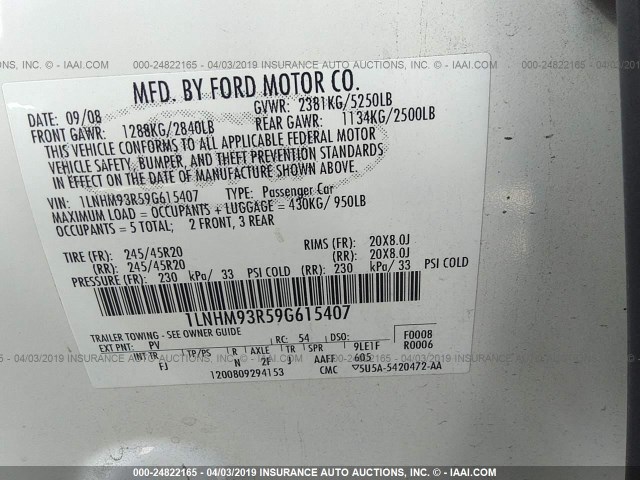 1LNHM93R59G615407 - 2009 LINCOLN MKS WHITE photo 9