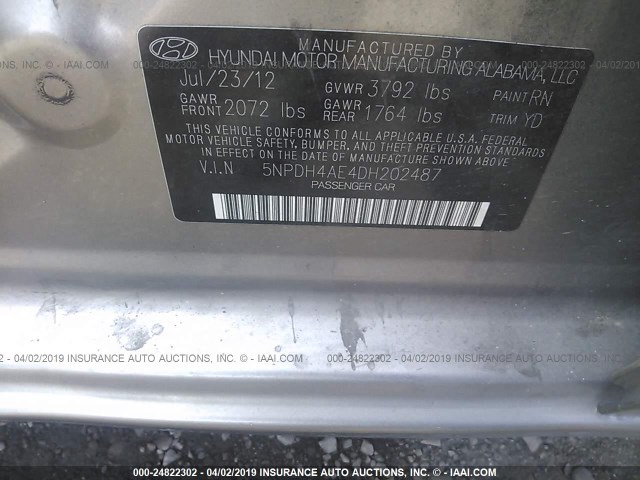 5NPDH4AE4DH202487 - 2013 HYUNDAI ELANTRA GLS/LIMITED GRAY photo 9