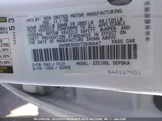 1NXBR30E67Z836647 - 2007 TOYOTA COROLLA CE/LE/S WHITE photo 9