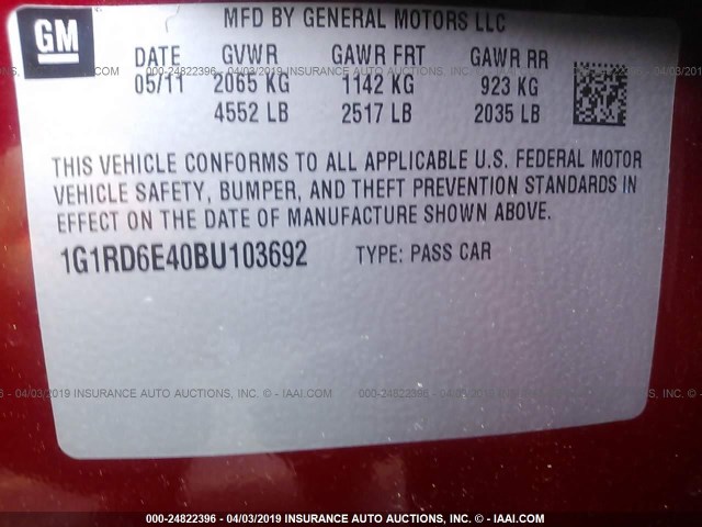 1G1RD6E40BU103692 - 2011 CHEVROLET VOLT RED photo 9