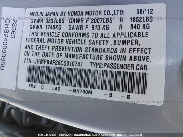 JHMFB4F28CS010741 - 2012 HONDA CIVIC HYBRID SILVER photo 9