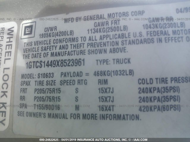 1GTCS1449X8523961 - 1999 GMC SONOMA GRAY photo 9