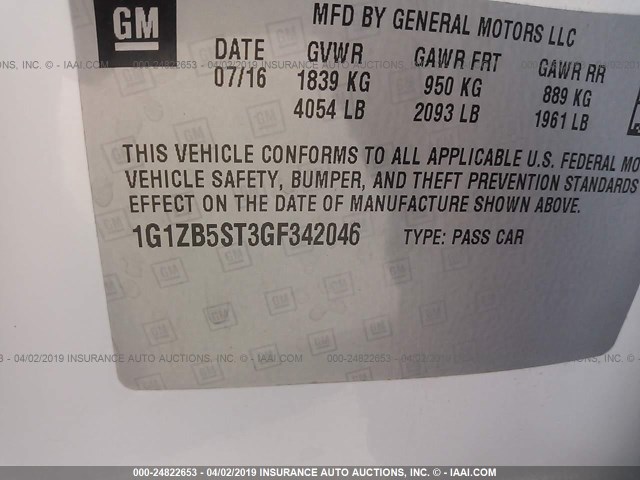 1G1ZB5ST3GF342046 - 2016 CHEVROLET MALIBU LS WHITE photo 9